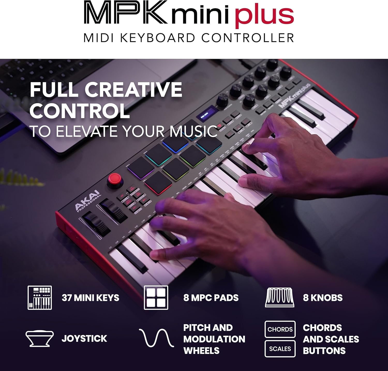Akai MPK Mini Plus teclado controlador MIDI com 37 mini teclas, 8 pads, joystick e controle de pitch, com mãos tocando