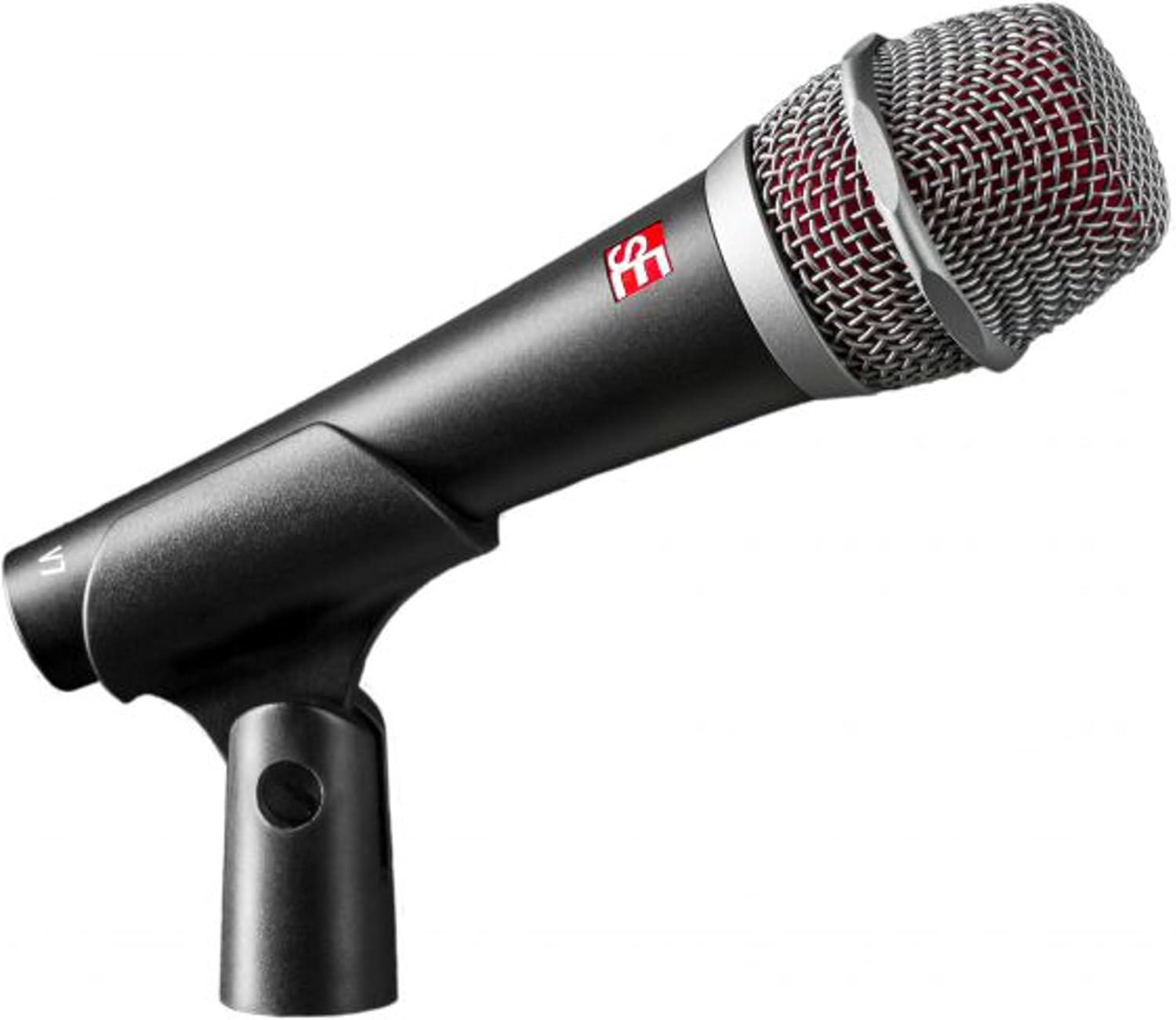 Microfone dinâmico SE ELECTRONICS V7 preto com suporte e grade metálica prateada
