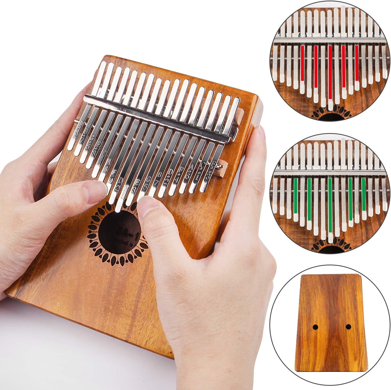 Pessoa tocando Kalimba Newlam com 17 teclas, notas indicadas por cores, corpo em madeira natural com acabamento polido.