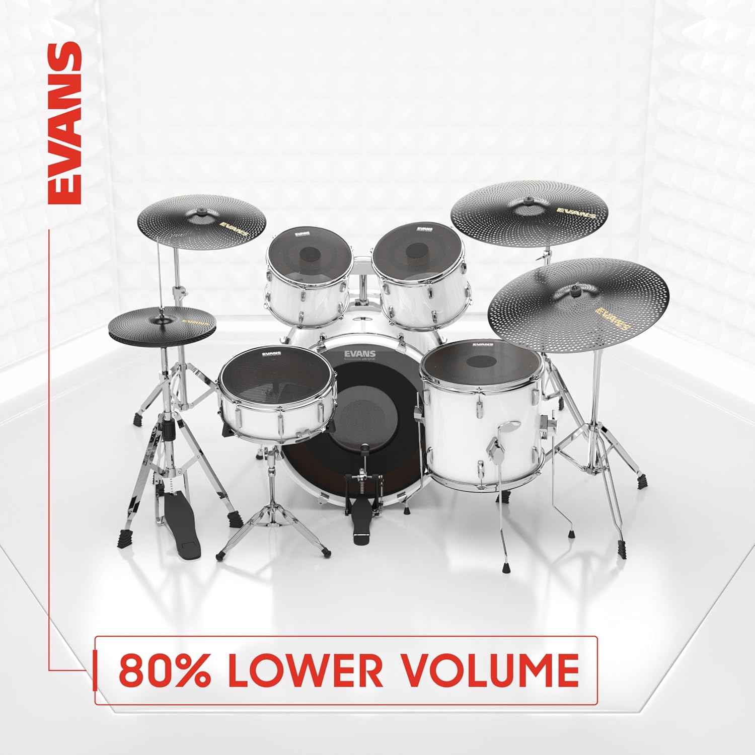 Conjunto de bateria com pele Evans BD20DB1 e indicação de redução de volume de 80%.