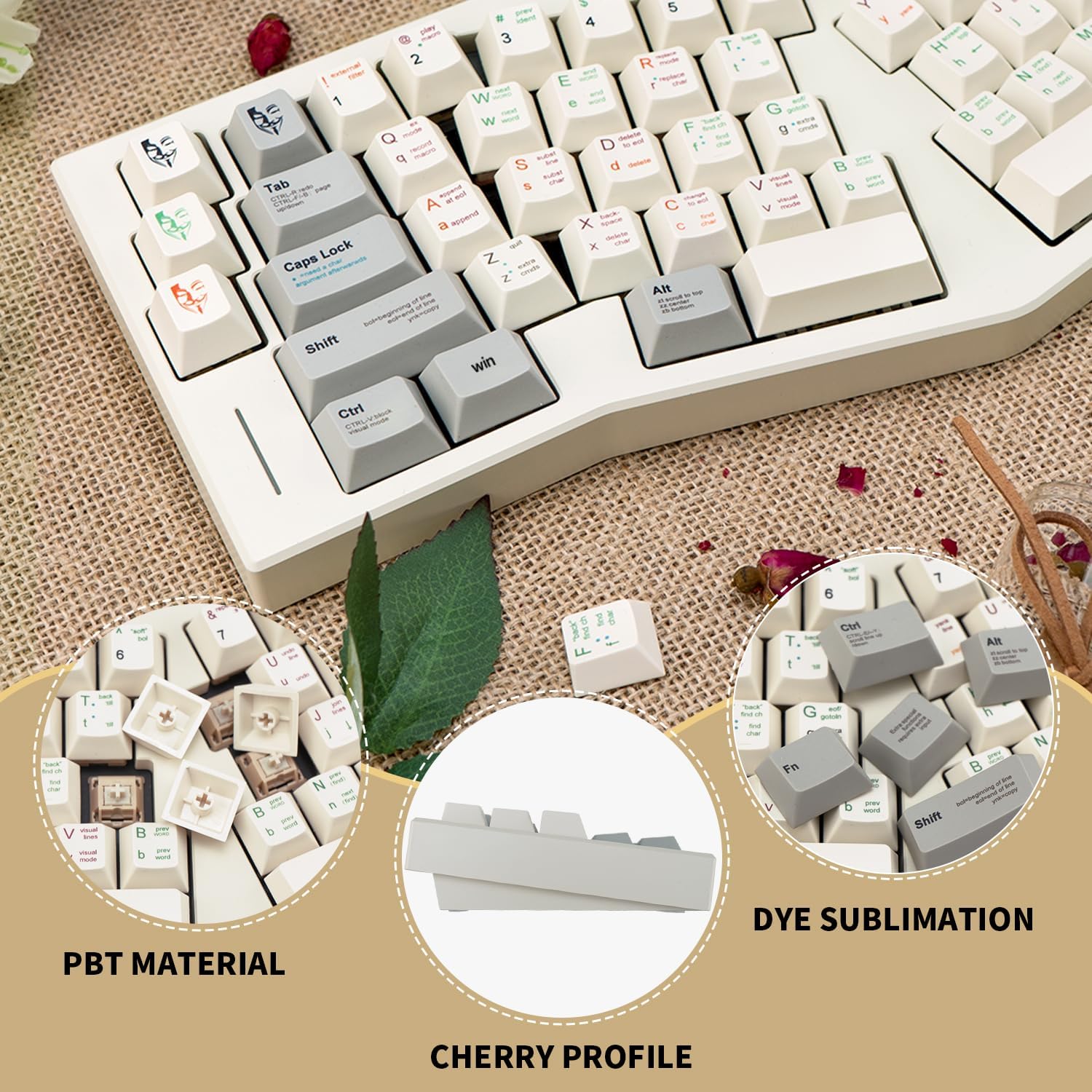 Close-up teclado TIMSEKER 143 teclas PBT perfil cereja conjunto cinza e bege com teclas removidas.