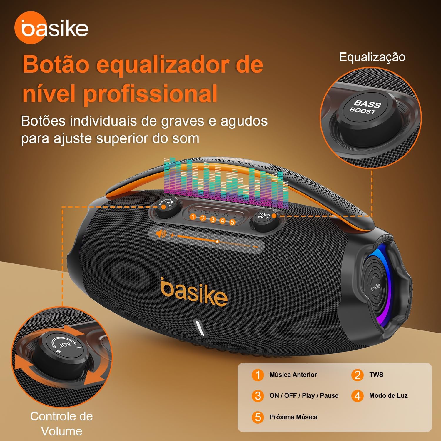 Caixa de som Basike com botão equalizador profissional e controles de som e luz