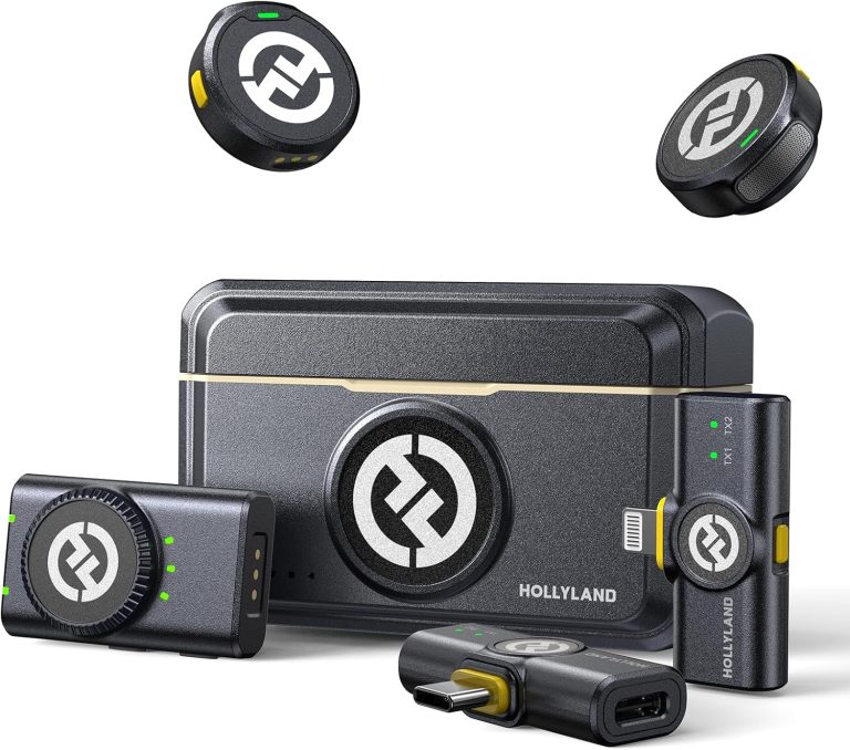 Kit microfone de lapela wireless Hollyland Lark M2 com dois microfones, transmissores, receptores e base de carregamento preta.
