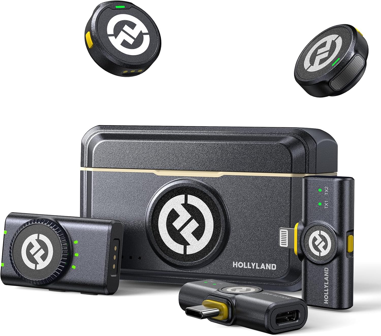 Kit microfone de lapela wireless Hollyland Lark M2 com dois microfones, transmissores, receptores e base de carregamento preta.
