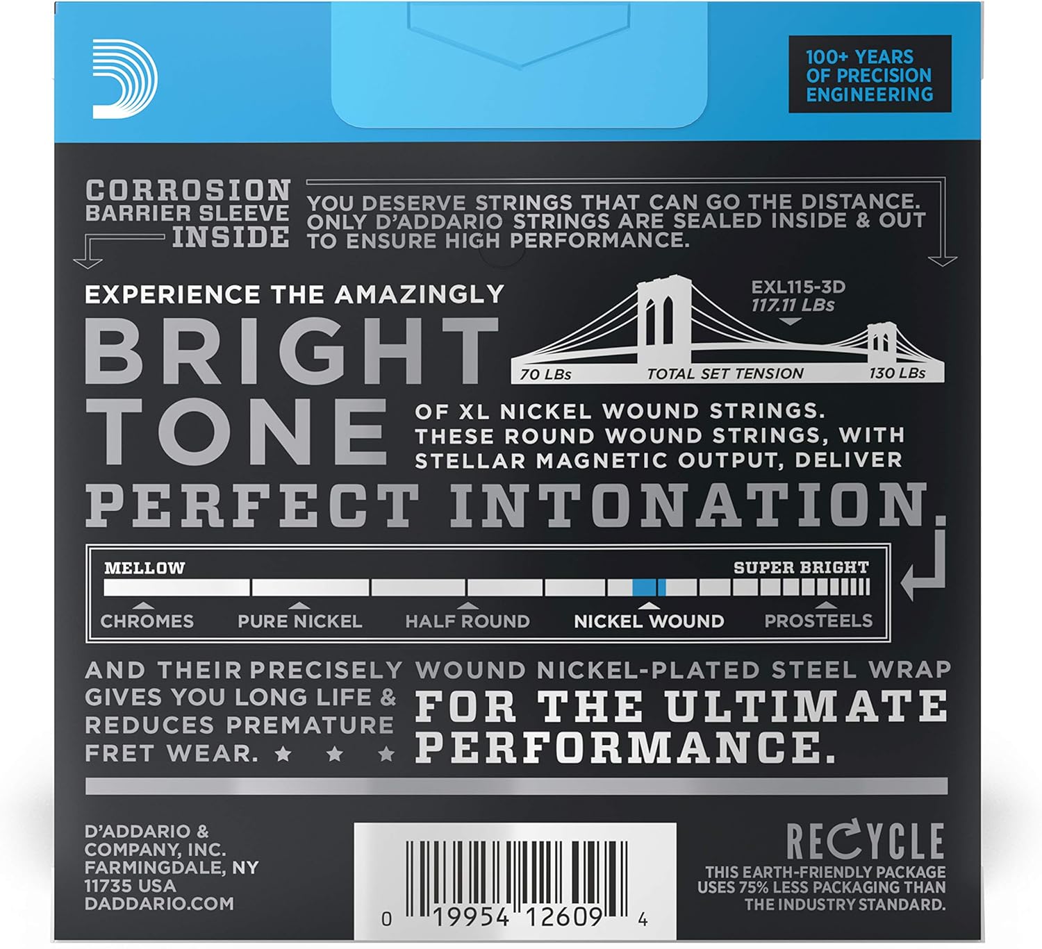 Verso embalagem kit cordas guitarra elétrica D'Addario EXL115-3D proteção anticorrosão tom brilhante