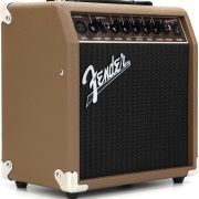 Amplificador Fender Acoustasonic 15W para violão e guitarra com acabamento marrom e controles diversos no painel superior