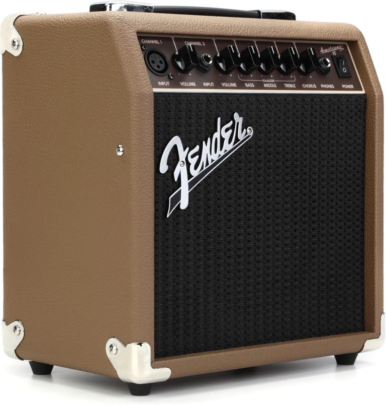 Amplificador Fender Acoustasonic 15W para violão e guitarra com acabamento marrom e controles diversos no painel superior