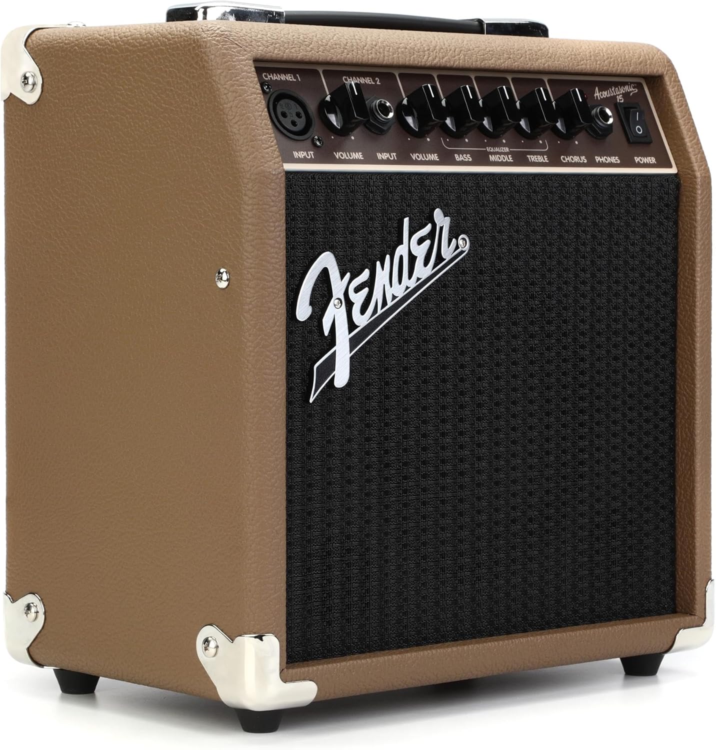 Amplificador Fender Acoustasonic 15W para violão e guitarra com acabamento marrom e controles diversos no painel superior