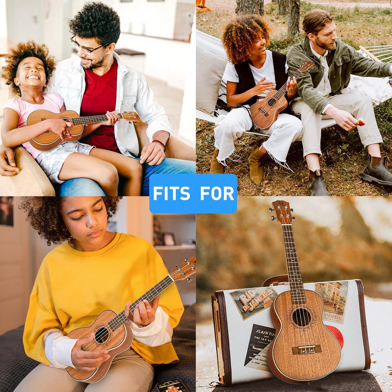 Pessoas de diferentes idades tocando ukulele Vangoa em diferentes ambientes mostrando versatilidade.