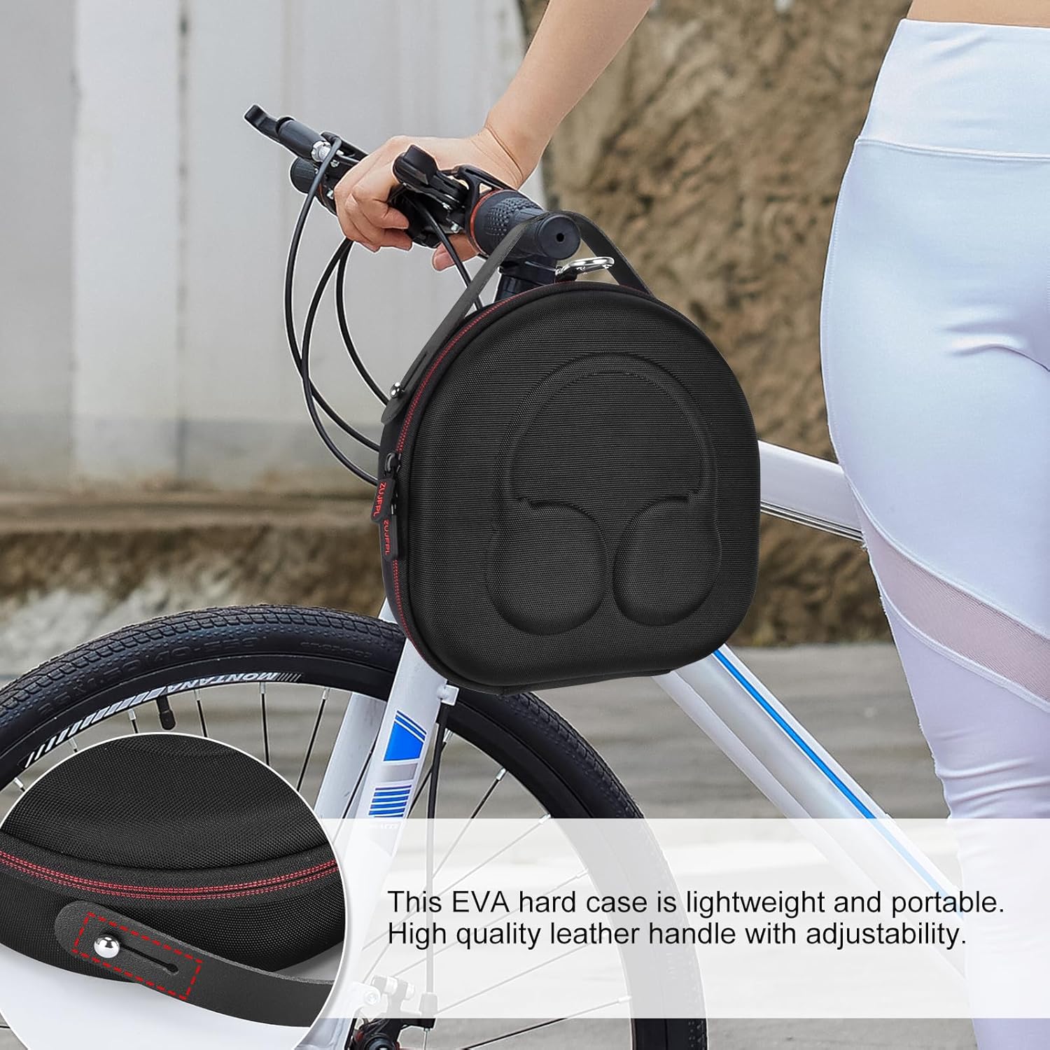 Capa rígida preta ZUJFPL para fones de ouvido presa ao guidão de bicicleta branca.