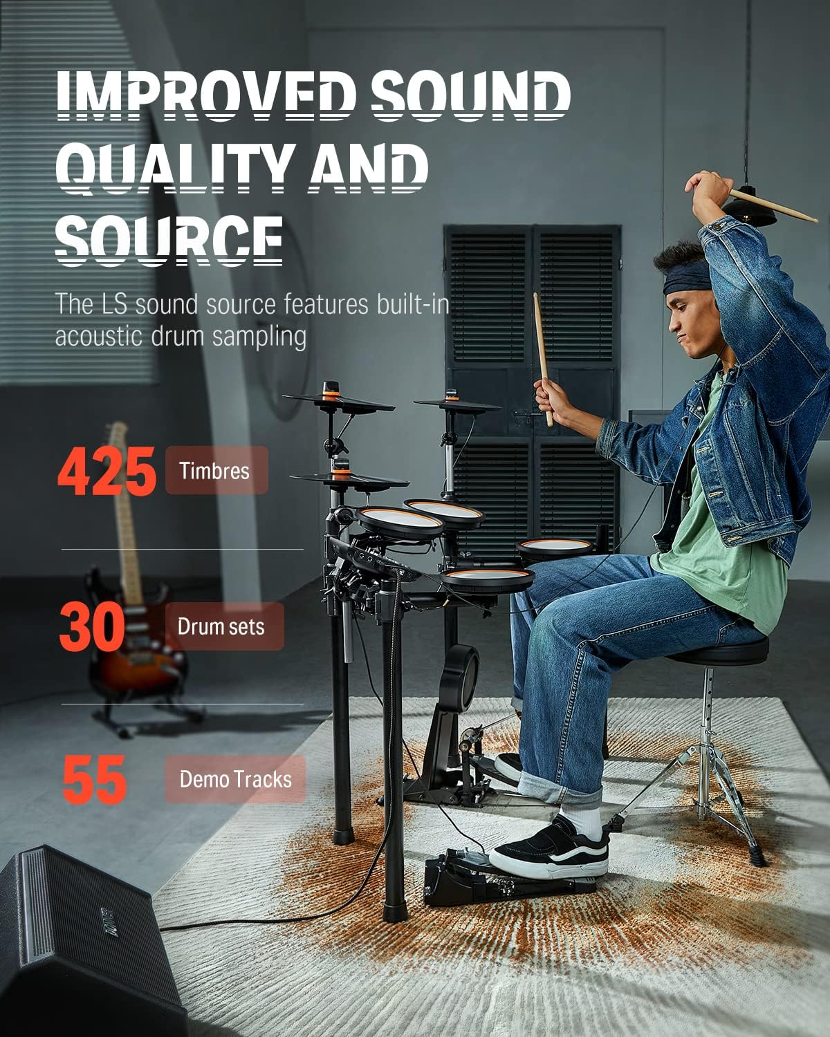 Bateria eletrônica Donner DED-100 com 425 timbres, 30 kits e 55 demos, qualidade sonora aprimorada, jovem tocando