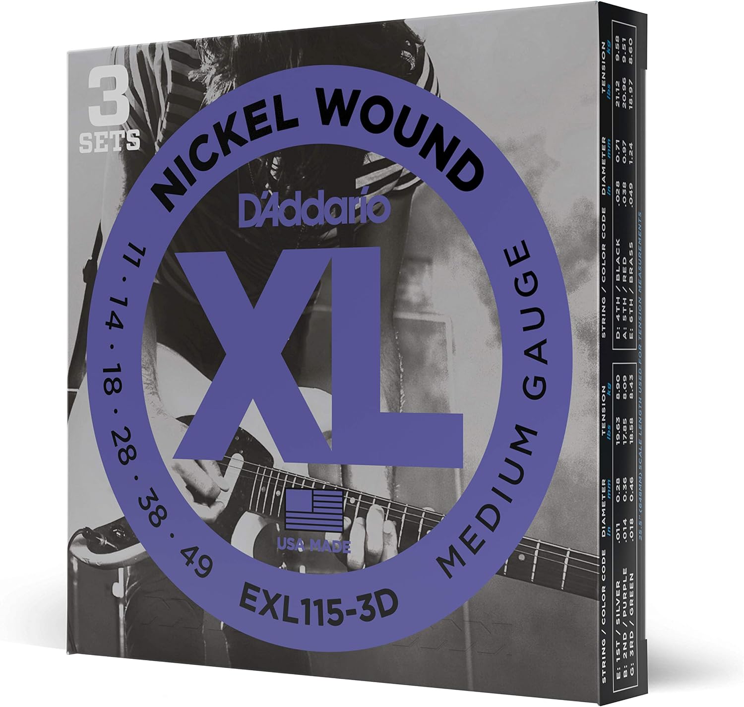 Kit 3 jogos de cordas para guitarra elétrica D'Addario EXL115-3D aço niquelado médio