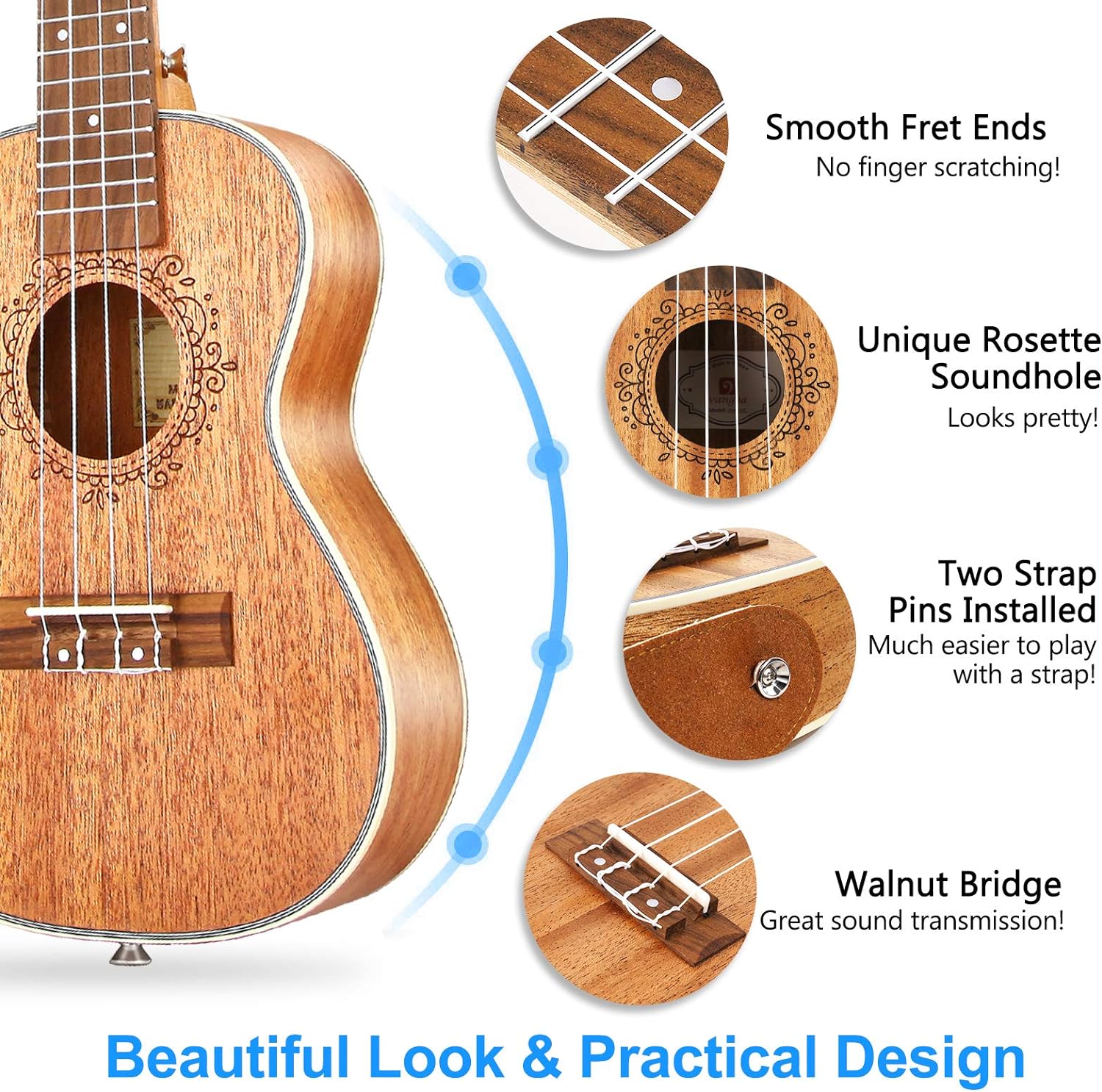 Detalhes do ukulele Vangoa com terminações lisas, roseta decorativa, pinos para alça e ponte de nogueira.