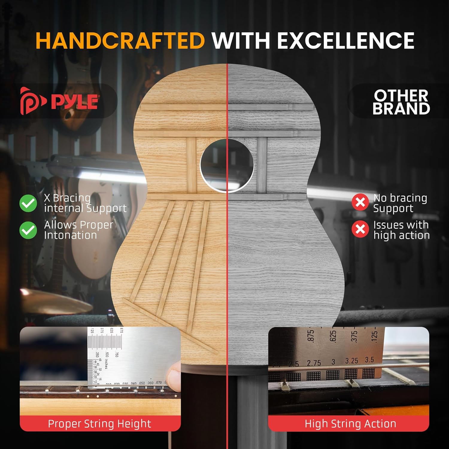 Construção artesanal da guitarra Pyle com suporte interno em X garantindo entonação e altura correta das cordas