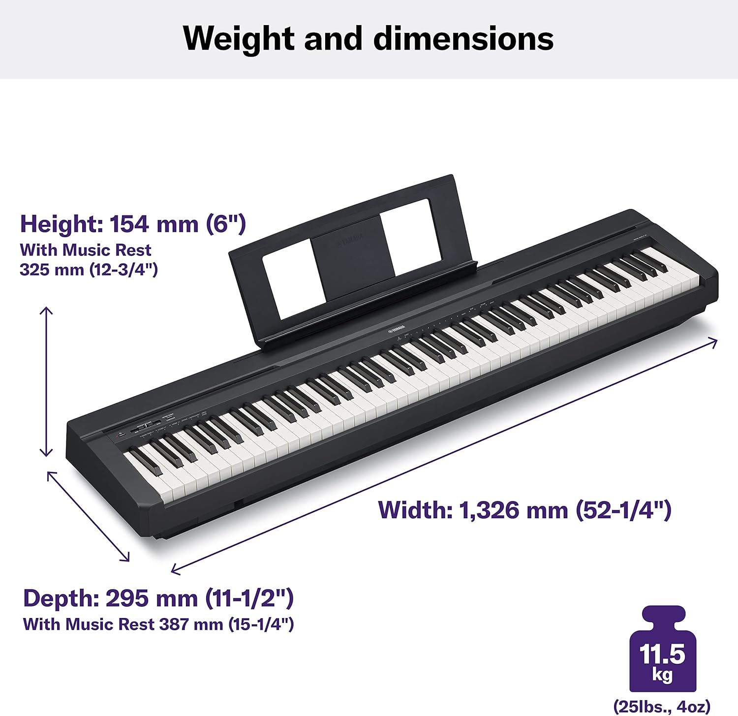 Dimensões e peso do piano digital Yamaha P-45, incluindo altura, largura, profundidade e peso.