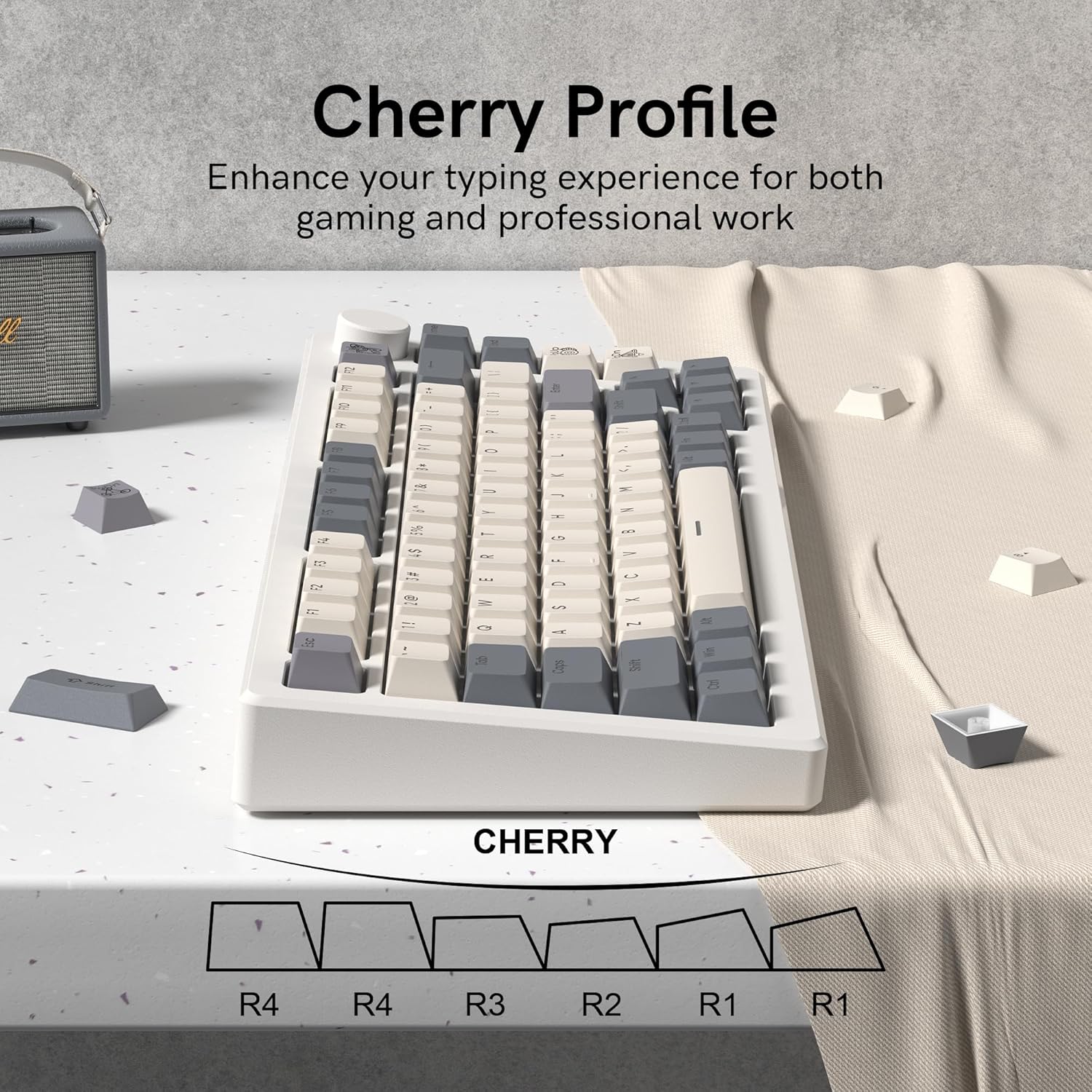 Teclado mecânico com teclas em perfil Cherry Double Shot PBT cinza retrô para melhor experiência de digitação