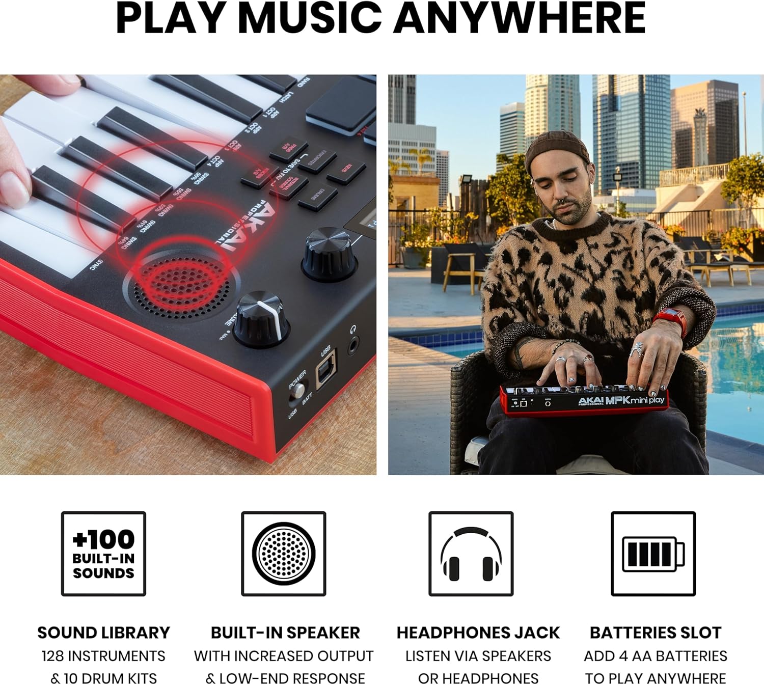 Teclado Akai MPK Mini Play MK3 com alto-falante embutido e controles, destacando biblioteca sonora e portabilidade com pilhas.