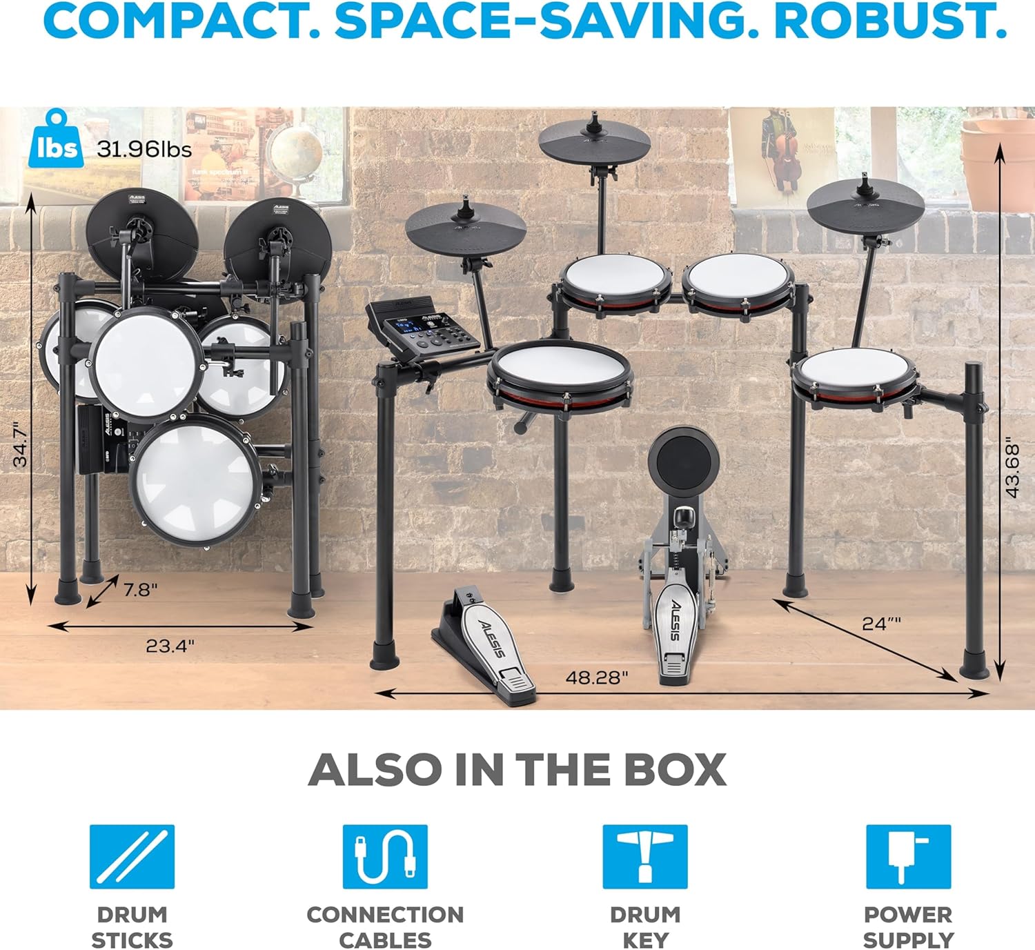 Dimensões e componentes inclusos na bateria eletrônica Alesis Nitro Max.
