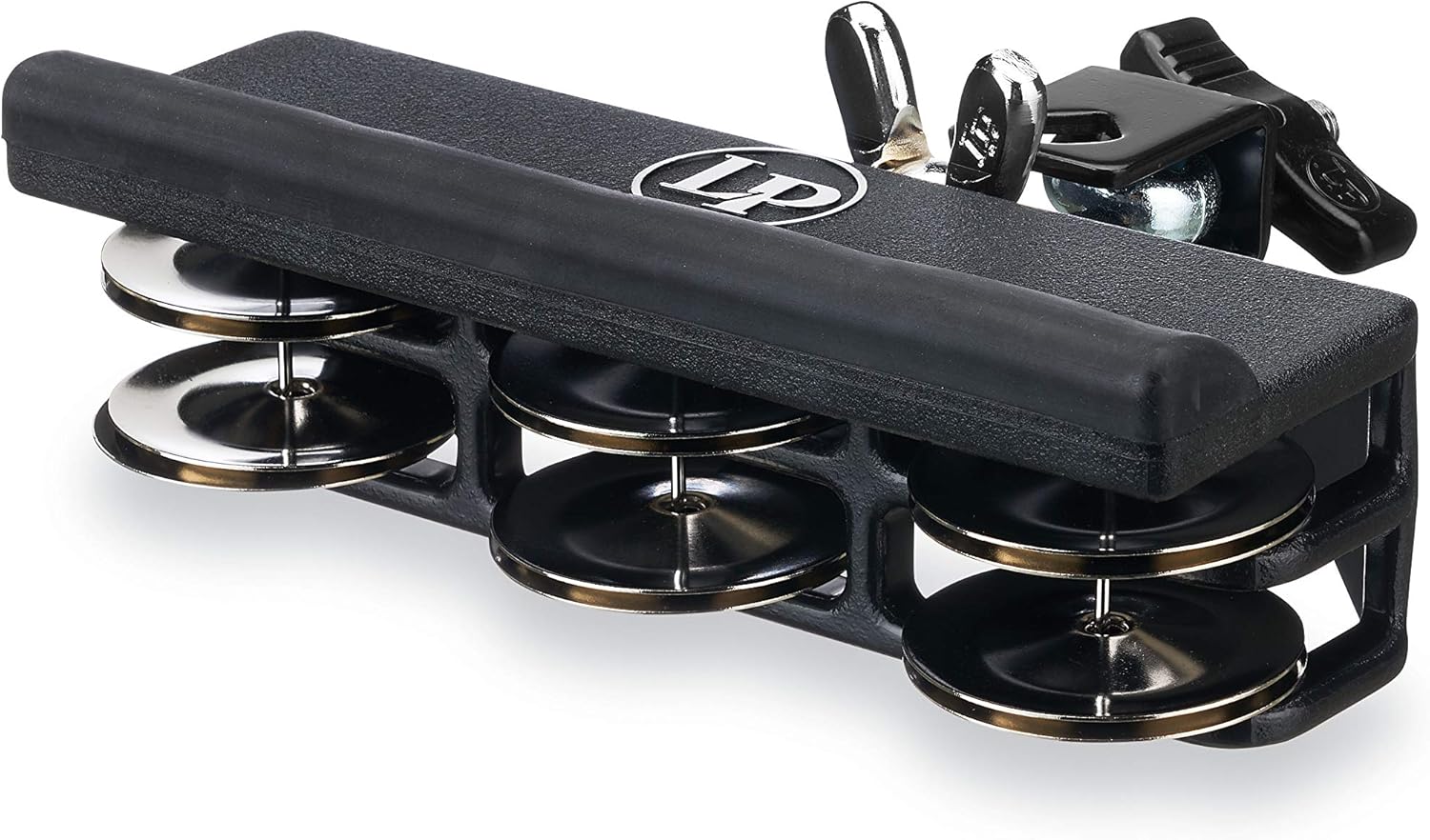 Pandeirola Latin Percussion Jam Tamb LP1207-T preta com seis pares de jingles metálicos e fixação ajustável