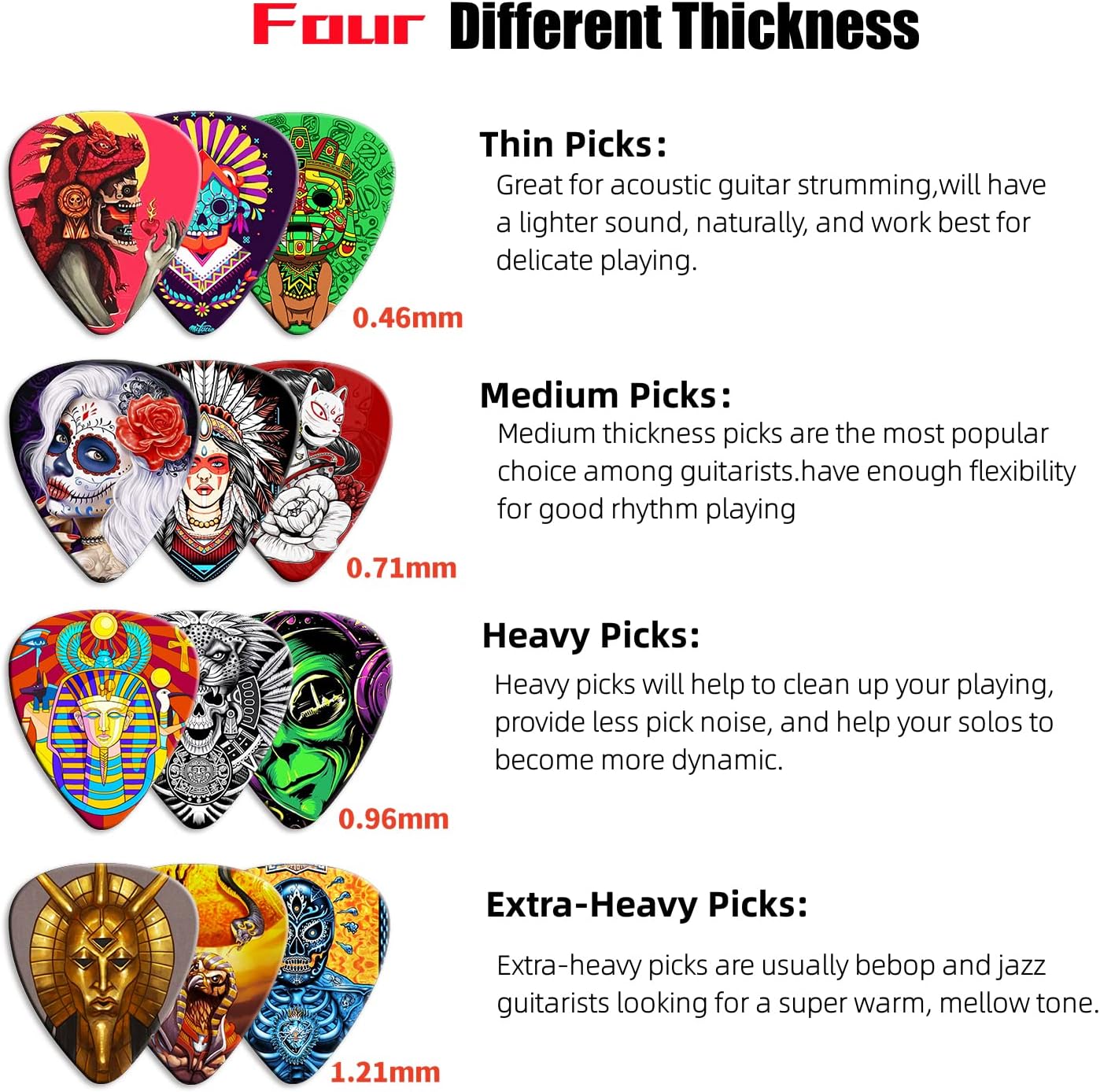 Palhetas coloridas para guitarra com quatro diferentes espessuras e suas descrições.