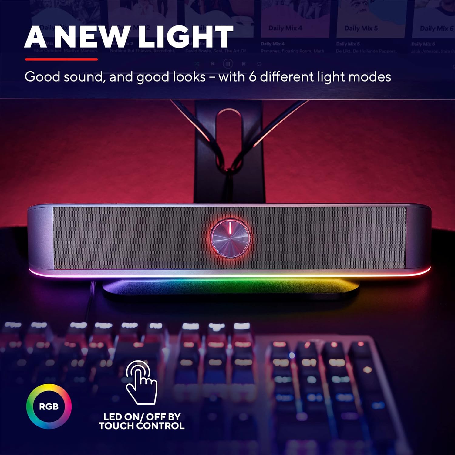 Soundbar Trust GXT 619 Thor com 6 modos de iluminação RGB e controle de LED por toque, ideal para setups modernos.