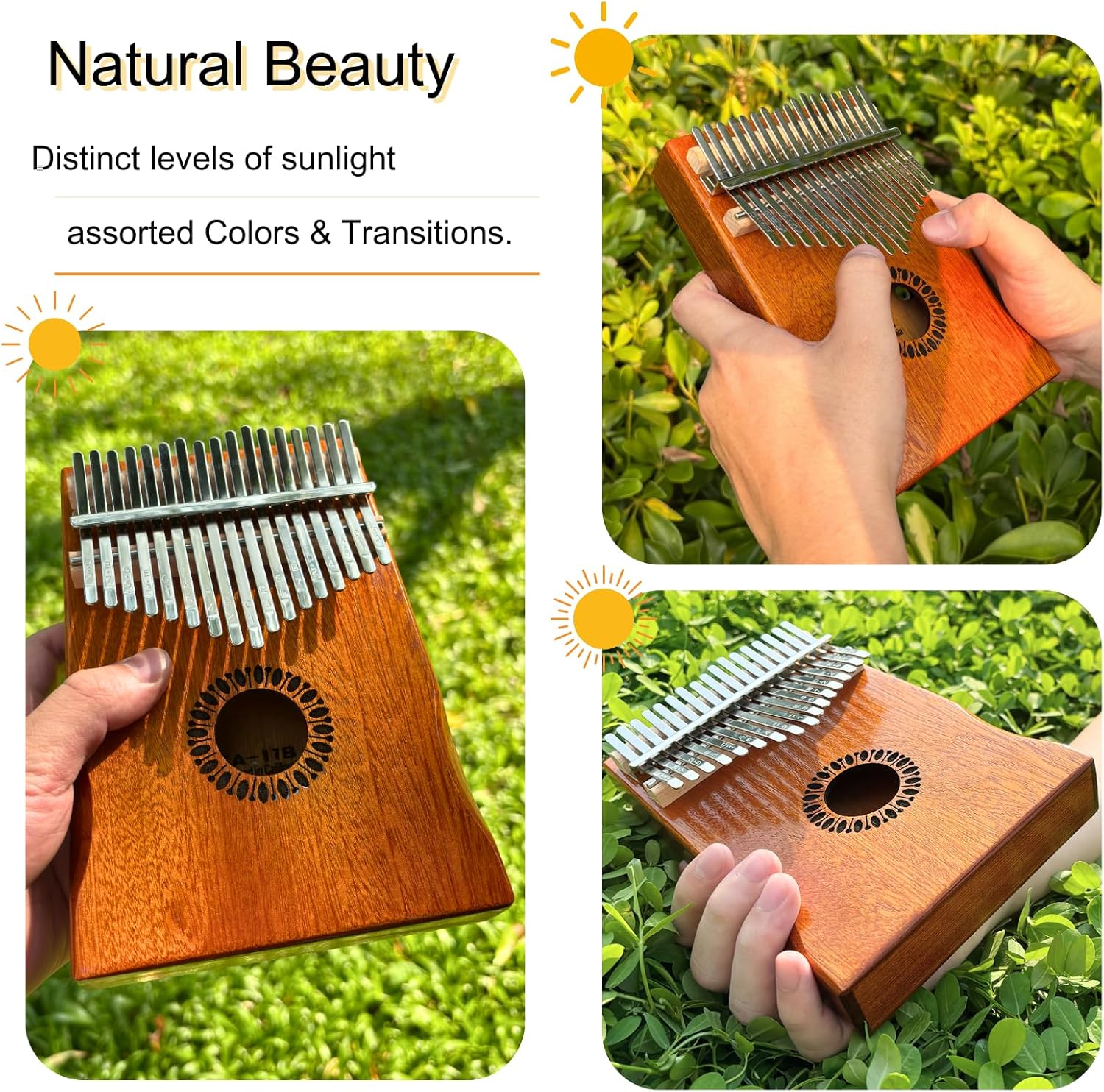 Kalimba Newlam exibindo a beleza natural da madeira sob luz solar, com tons variados e acabamento polido.
