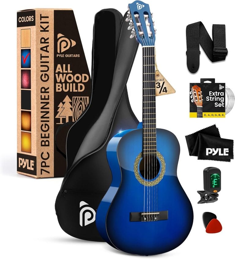 Guitarra clássica 3/4 azul fosco Pyle com kit completo para iniciantes incluindo capa, cordas extras, alça, pano, afinador e palhetas