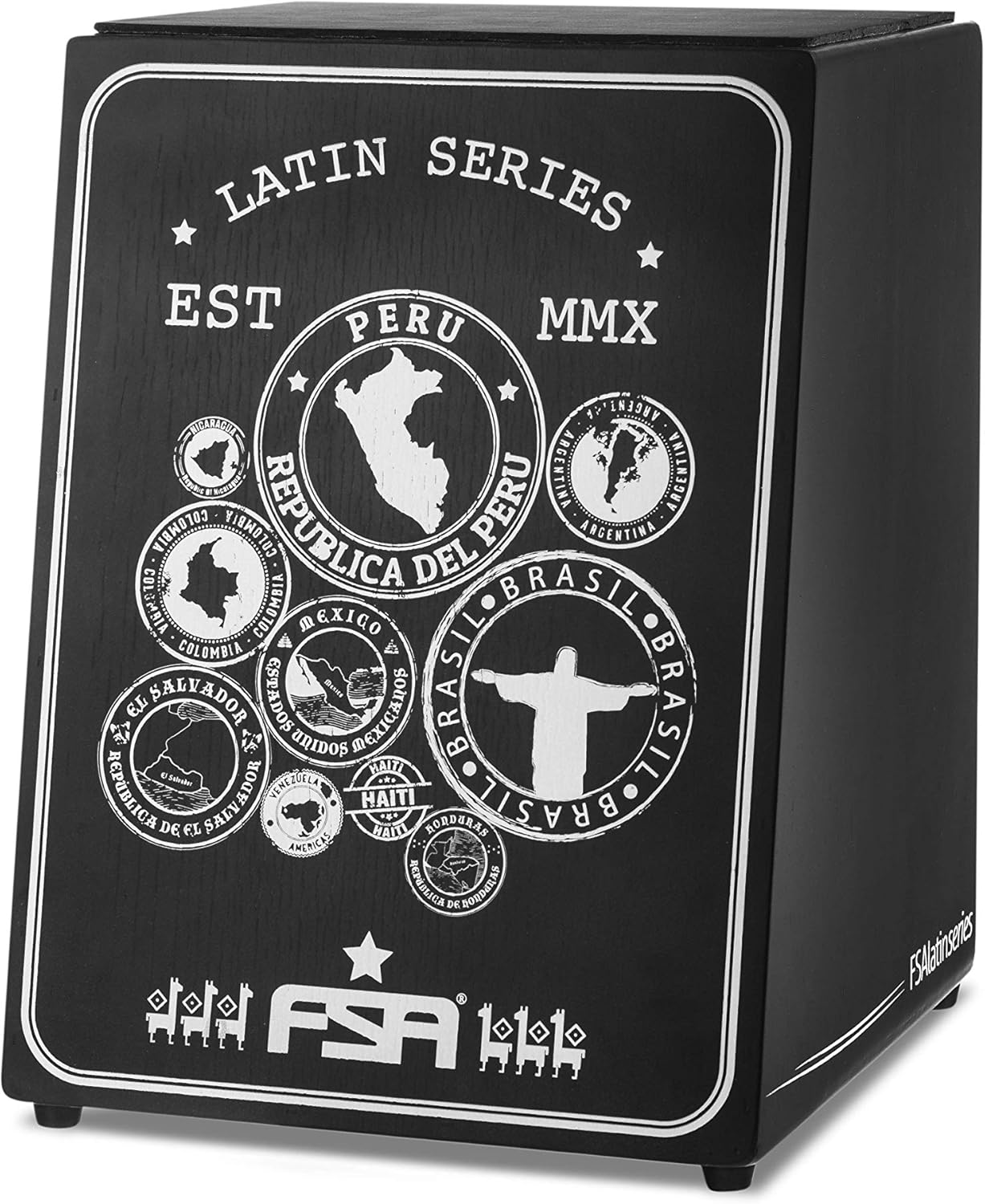 Cajon FSA New Latin FL24 preto com esteira 24 fios e corpo em madeira sumaúma, com design estampado de países latino-americanos e logo FSA.