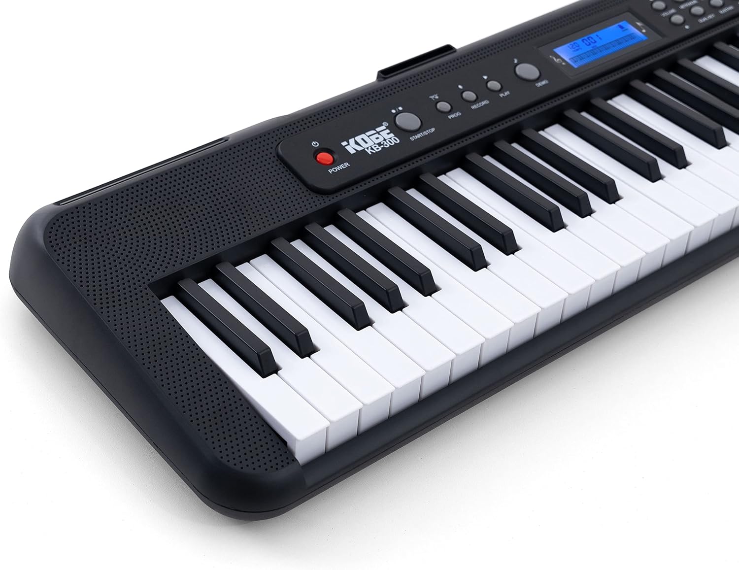 Teclado Kobe KB-300 com 61 teclas, painel lateral com botões e display azul, corpo preto arredondado.
