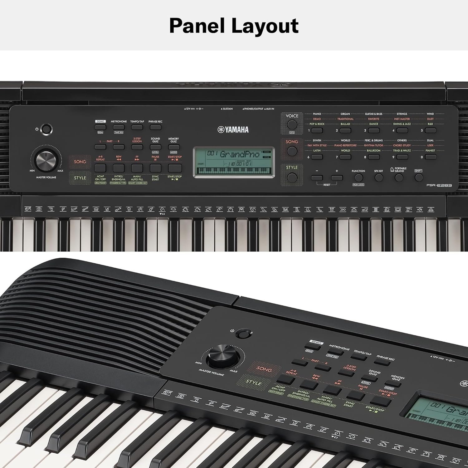 Painel de controle do teclado Yamaha PSR-E283 com botões multifuncionais e display LCD