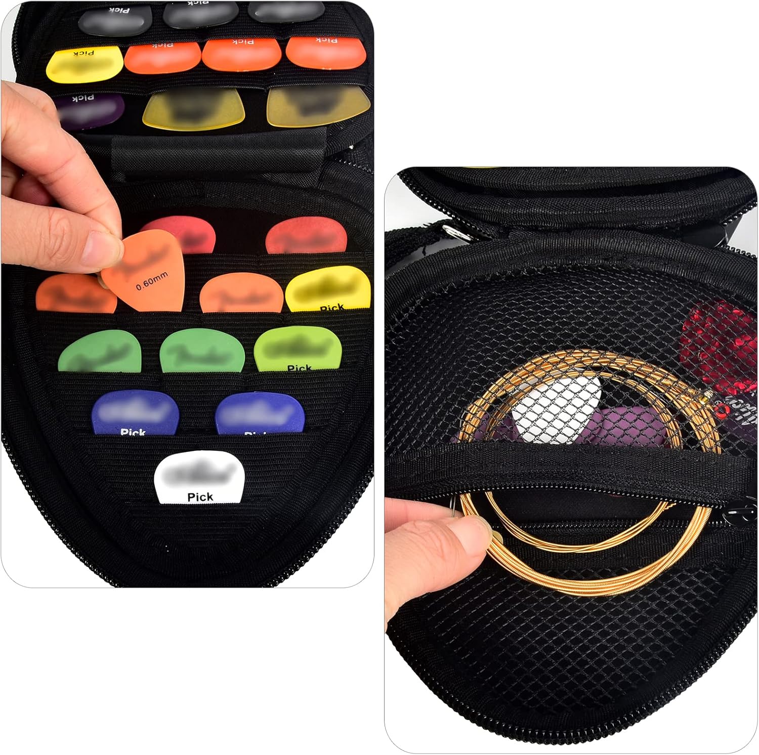 Estojo preto triangular para palhetas com compartimentos internos e bolso de malha com zíper para acessórios.