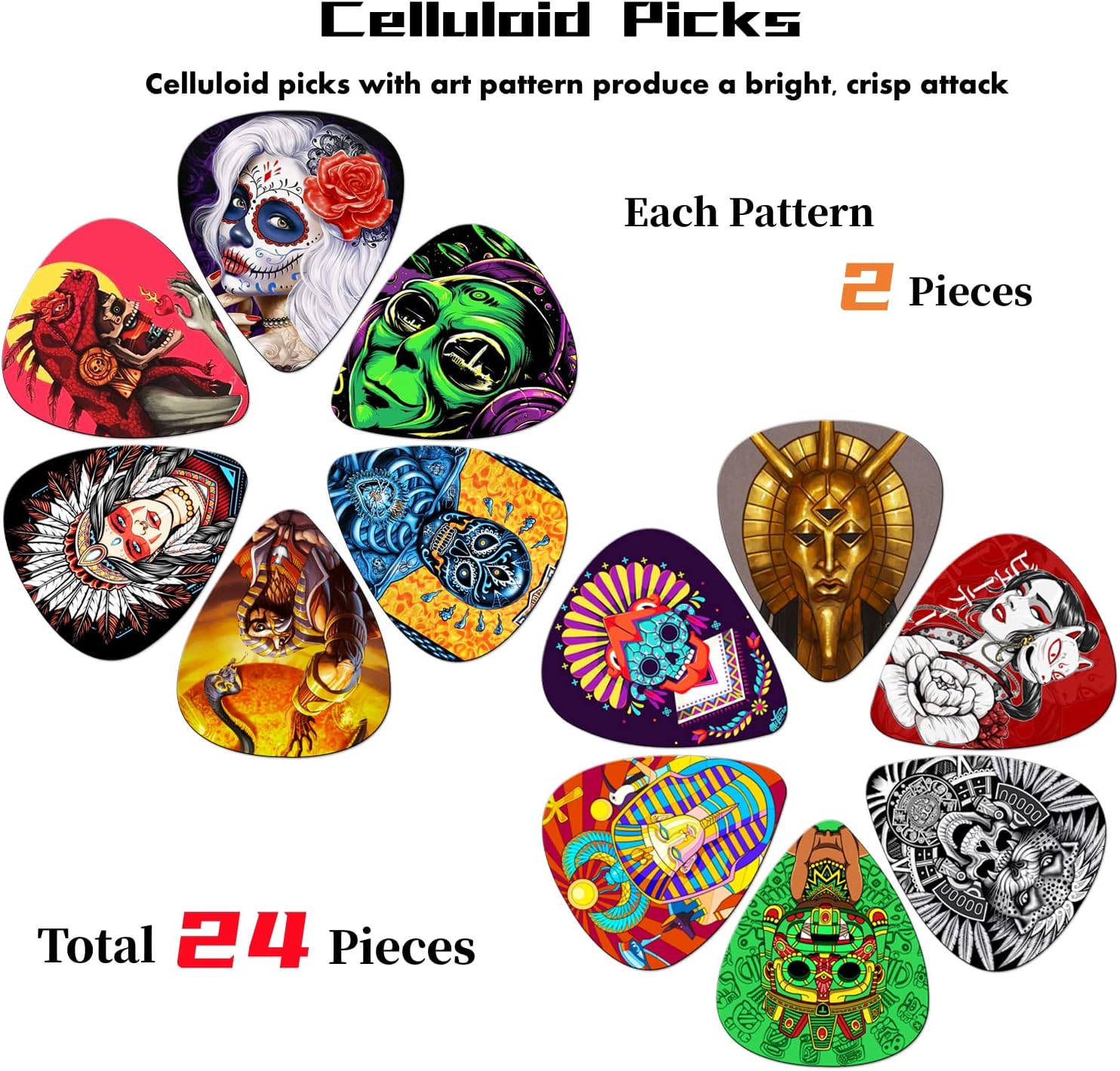 Palhetas coloridas para guitarra feitas de celuloide com padrões artísticos, 24 peças no total.