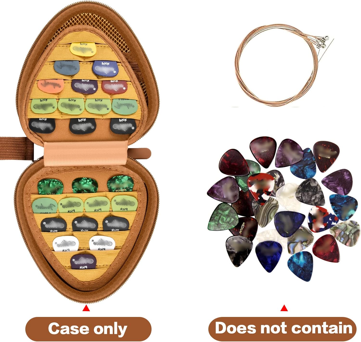 Estojo triangular marrom para guitarra aberto com palhetas e indicação que só o estojo é vendido, sem palhetas ou cordas.