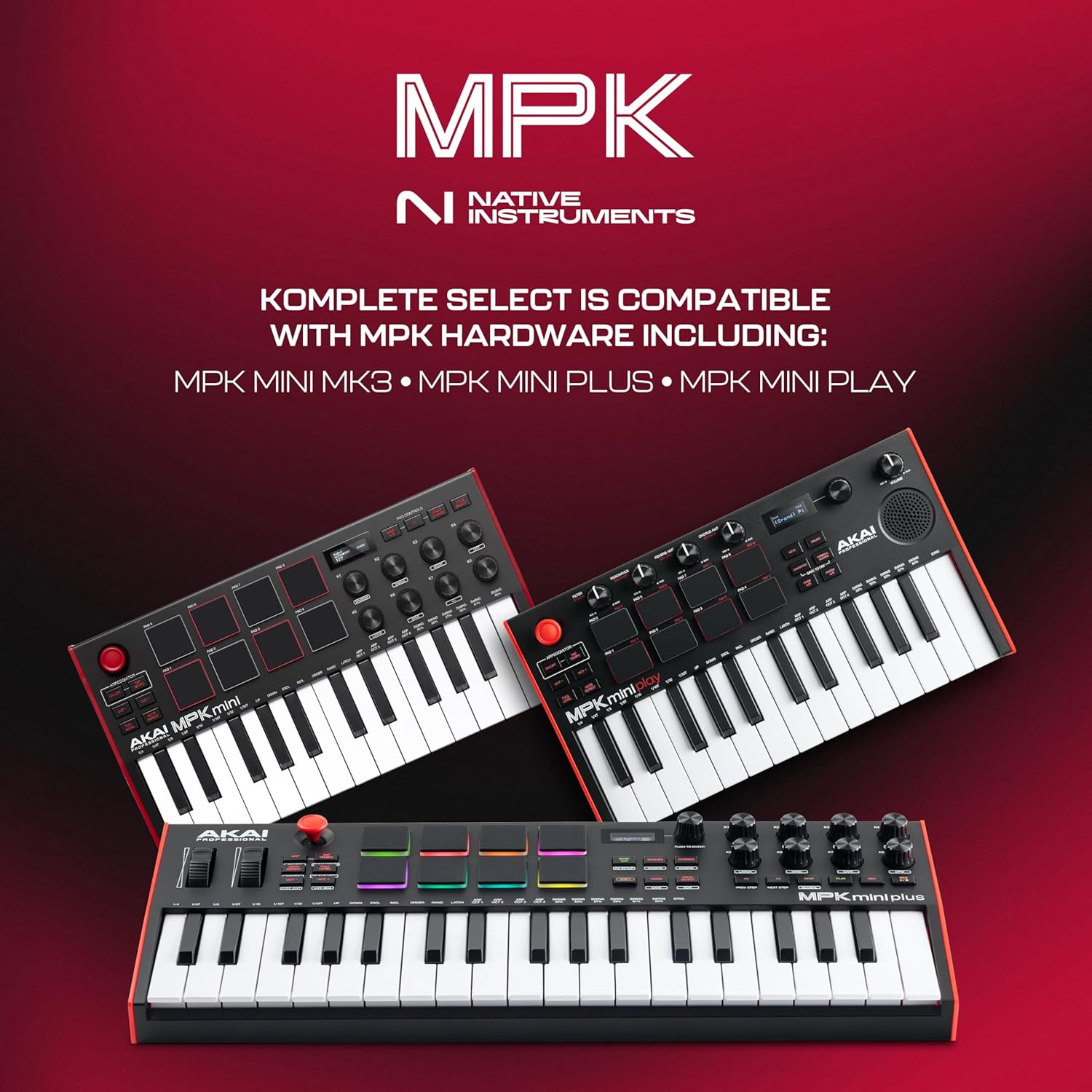 Três teclados Akai MPK Mini com texto sobre compatibilidade do Komplete Select com hardware MPK Mini.