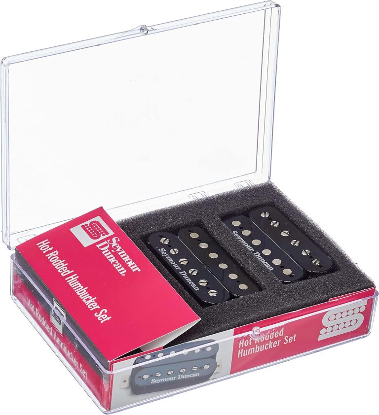 Kit de captadores Seymour Duncan JB e Jazz Humbucker para guitarra com ímã Alnico V, em embalagem transparente com rótulo vermelho.