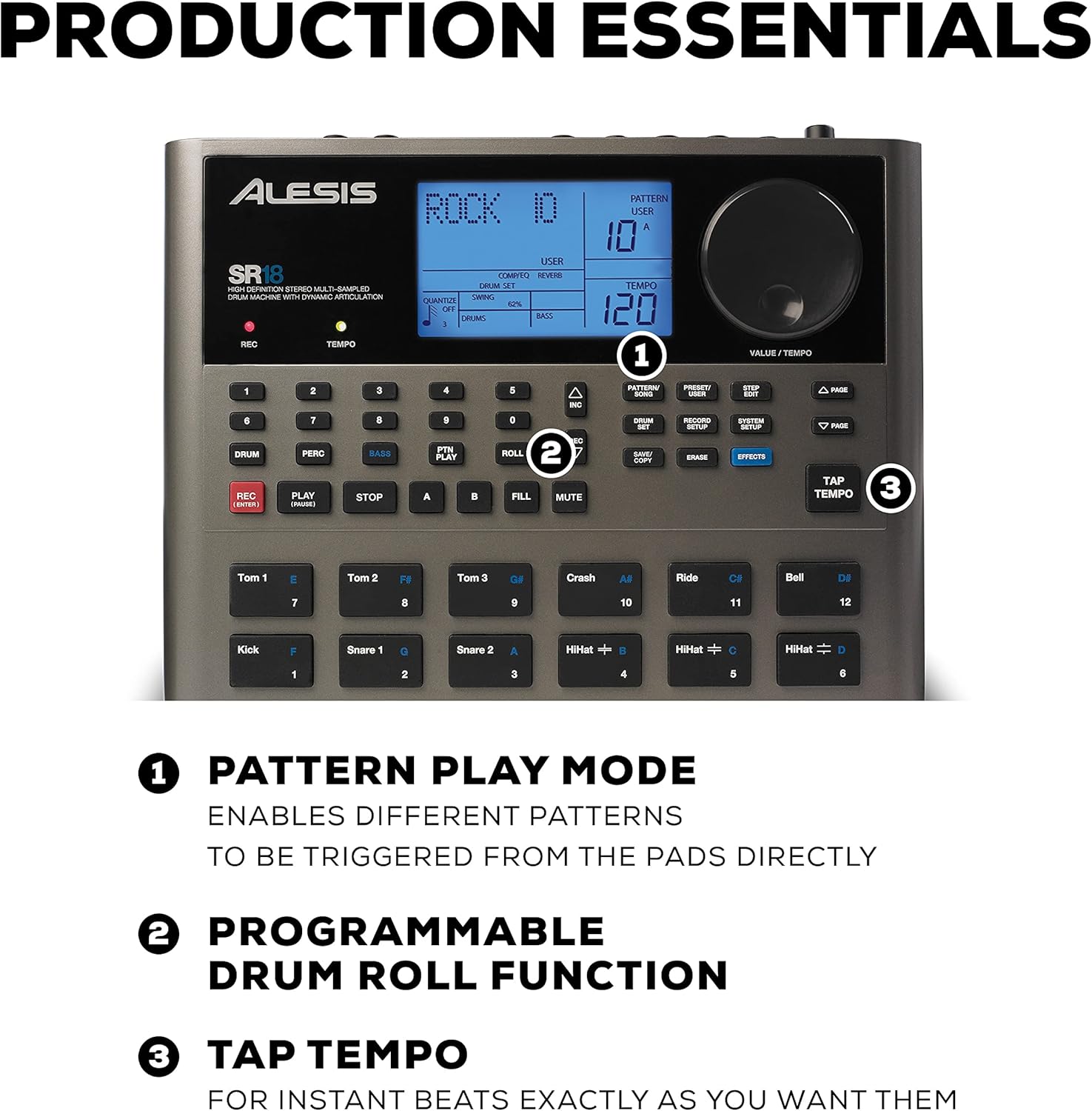 Bateria eletrônica Alesis SR-18 com funções Pattern Play, rolo programável e Tap Tempo