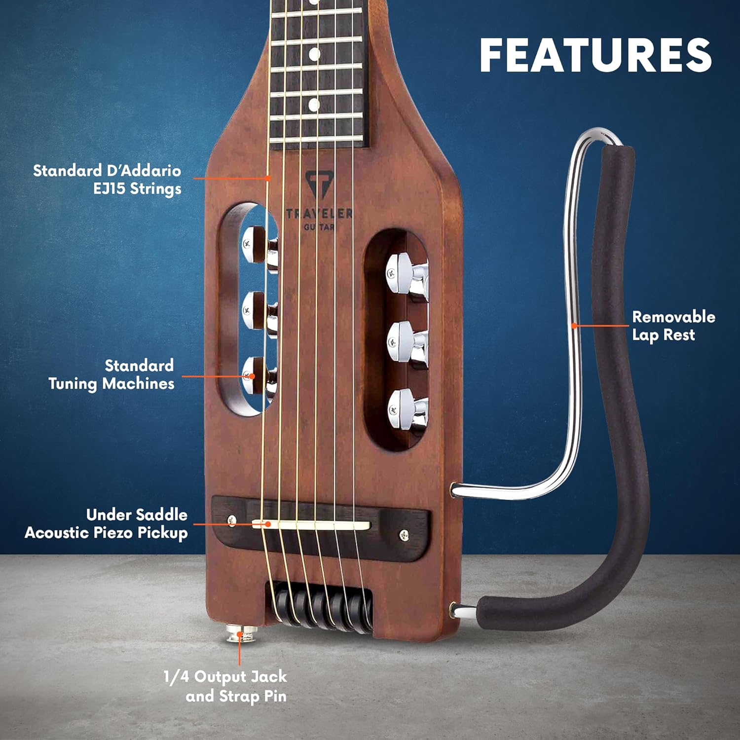 Detalhes da guitarra Traveler Guitar marrom antigo com especificações técnicas em texto ao lado.