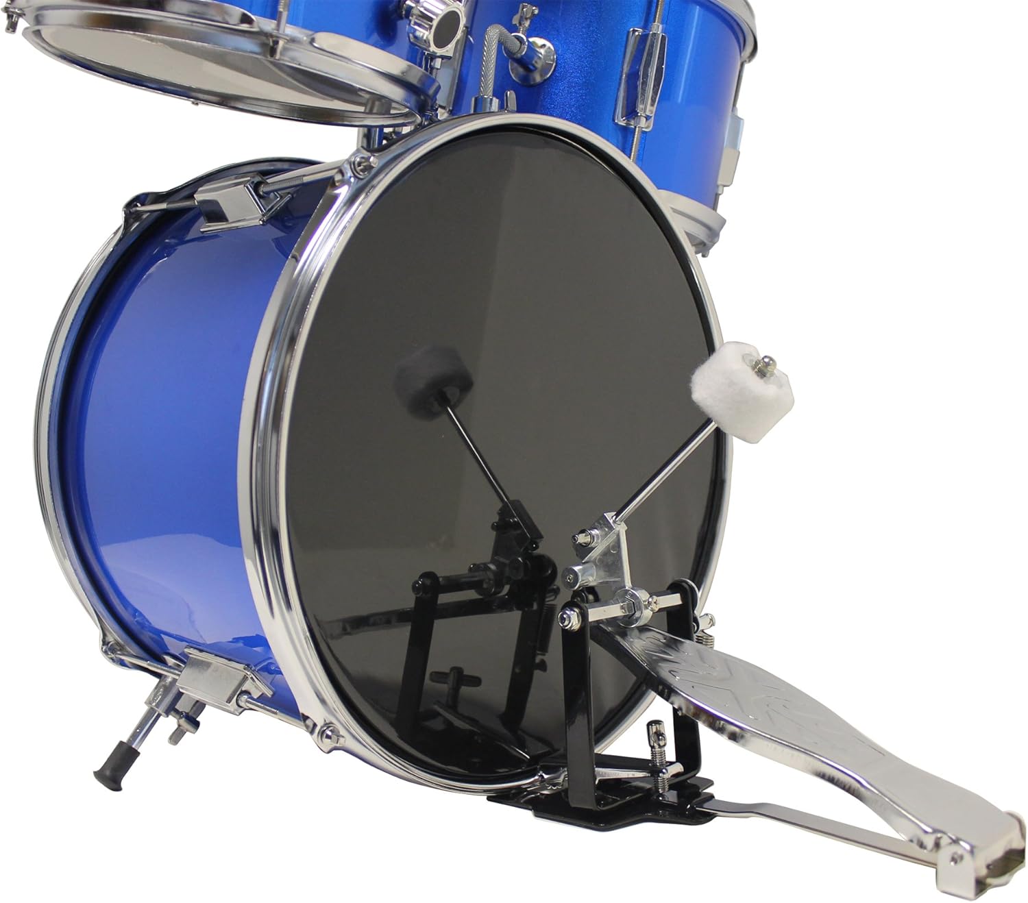 Pedal do bumbo da bateria infantil Music Alley azul com batente de feltro branco e estrutura cromada