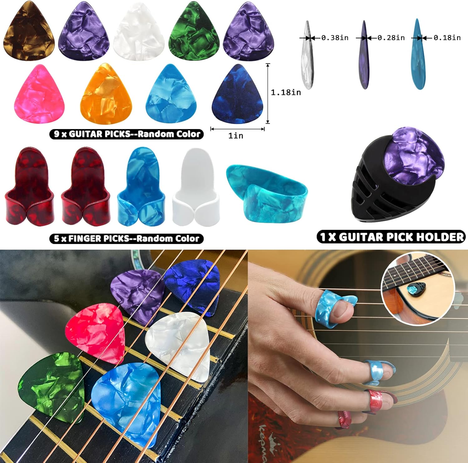 Conjunto variado de palhetas para violão, incluindo palhetas normais, palhetas para dedo e suporte para palhetas.