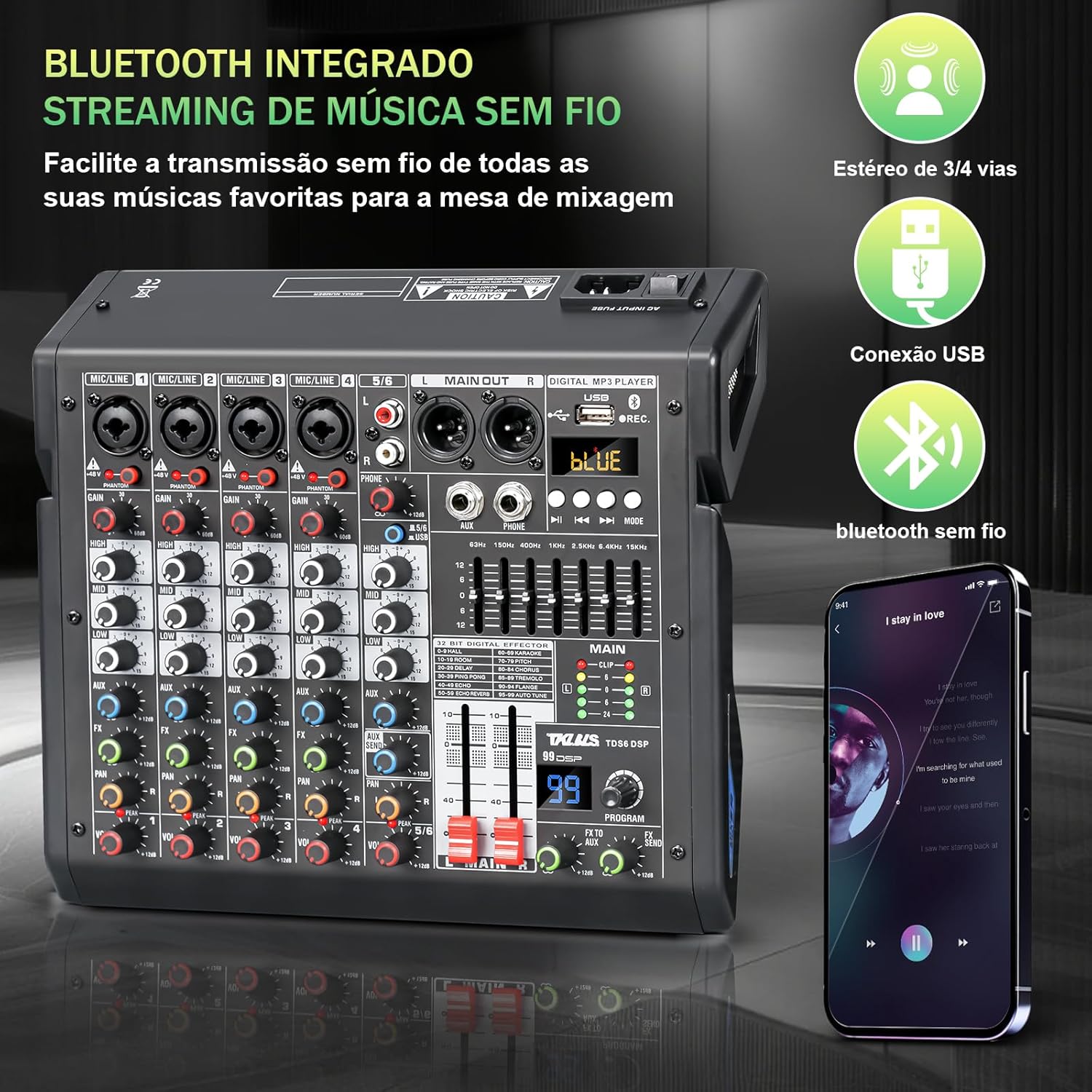 Mixer TKLBLS com Bluetooth integrado para streaming de música sem fio e conexão USB