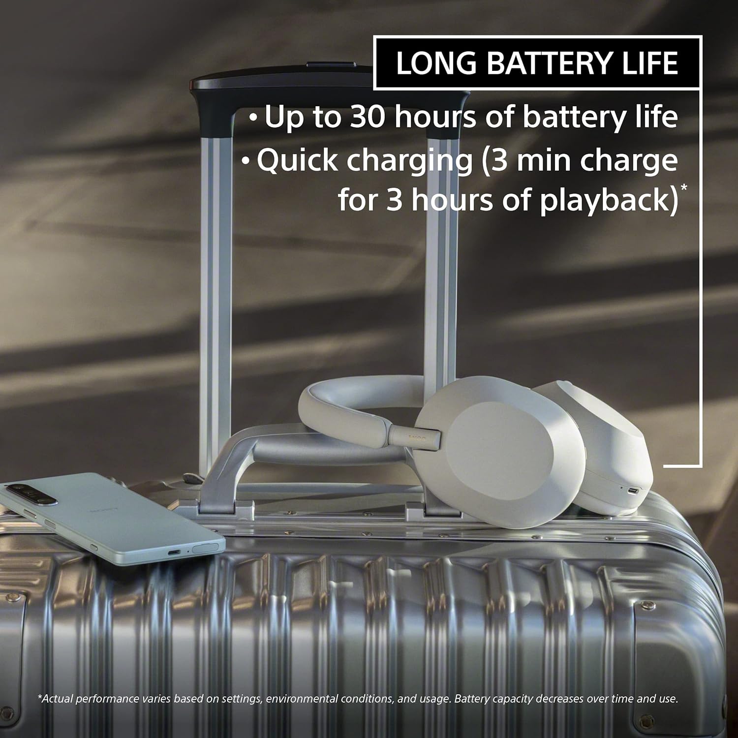 Sony WH-1000XM5 fones com longa duração de bateria e carregamento rápido para viagens