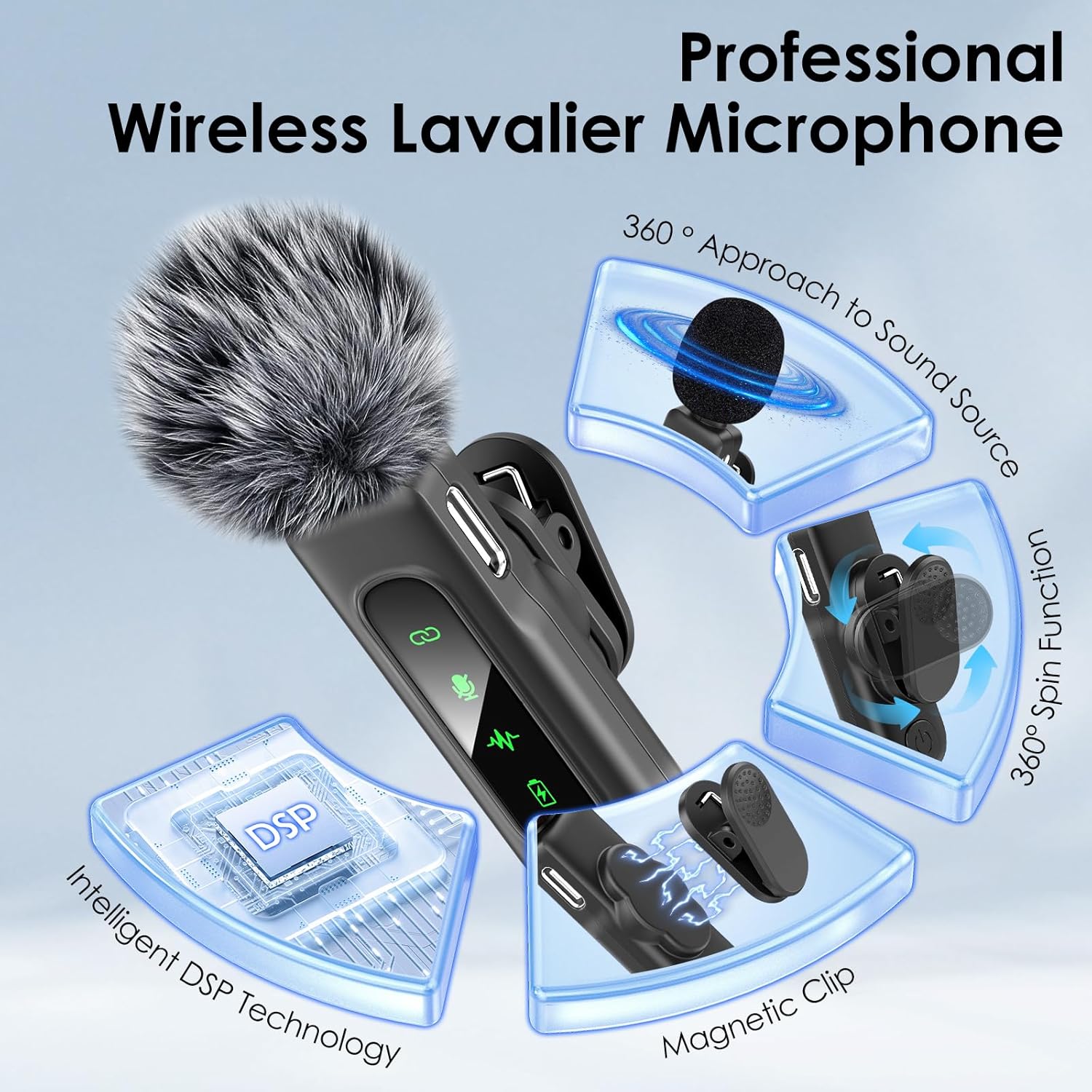 Microfone de lapela profissional HEHOTTC com tecnologia DSP, clipe magnético e rotação 360°.