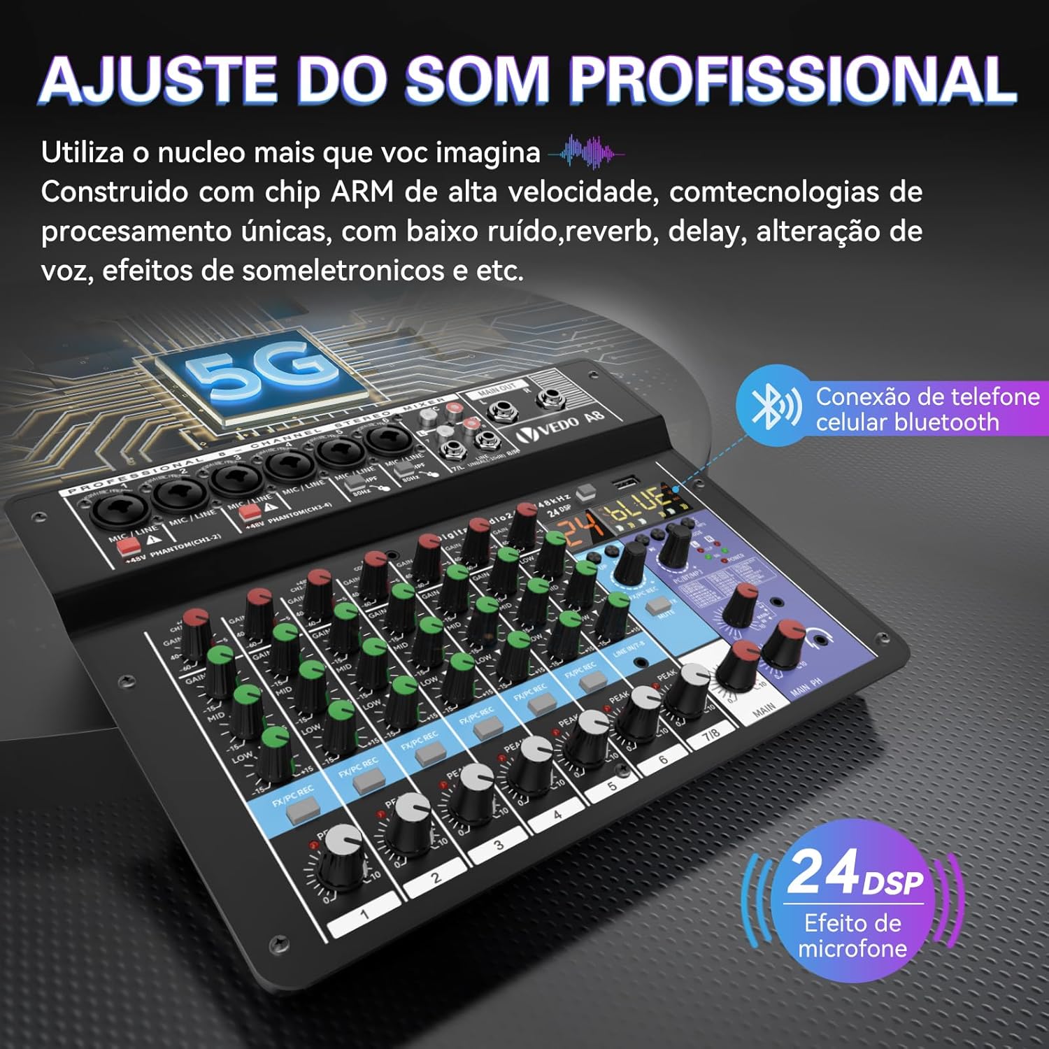 Mixer ANVAR TEYUN A8 com ajuste profissional de som, Bluetooth e efeitos DSP