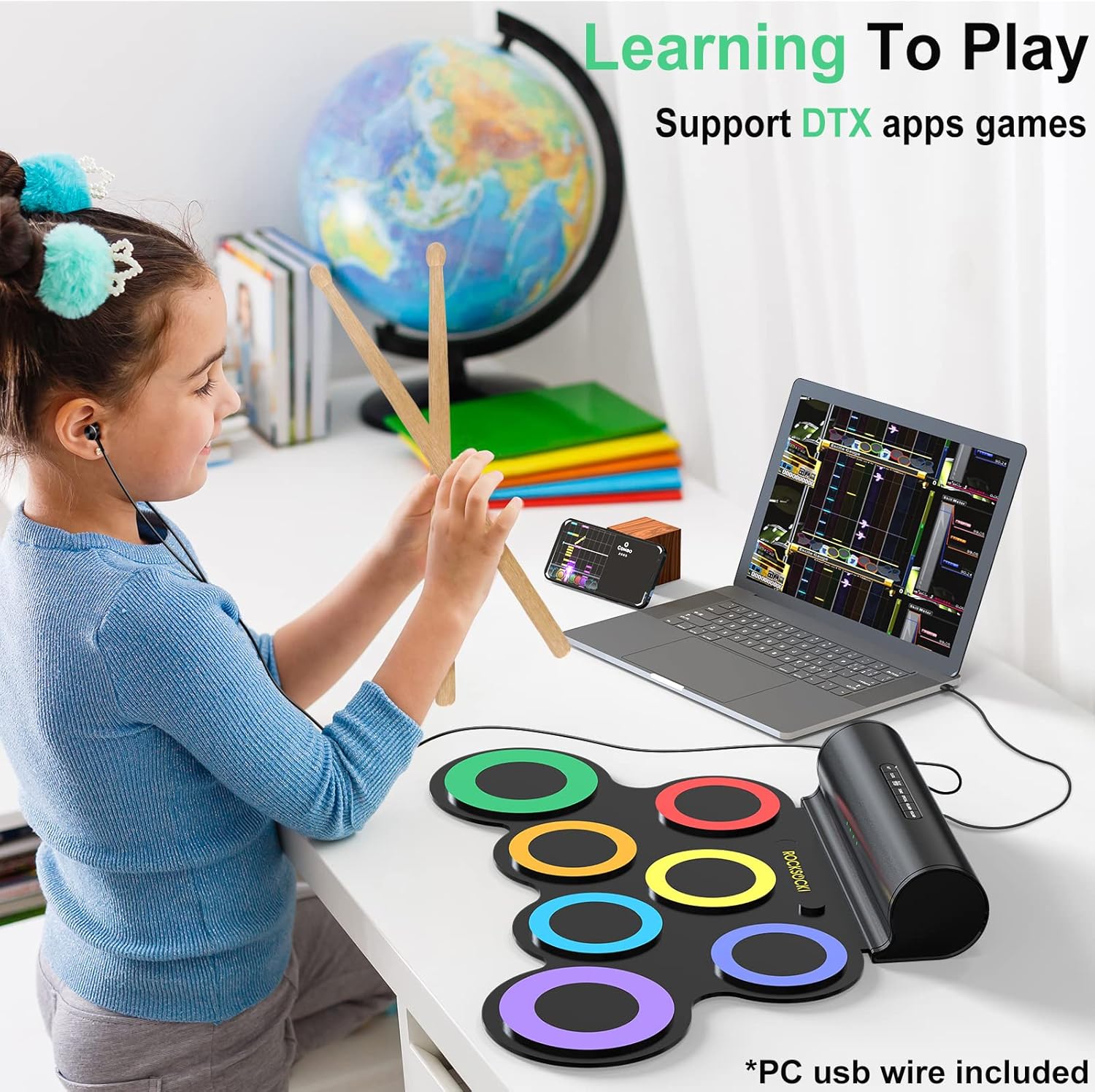 Menina aprendendo a tocar bateria eletrônica ROCKSOCKI com 7 tambores coloridos e suporte a apps DTX