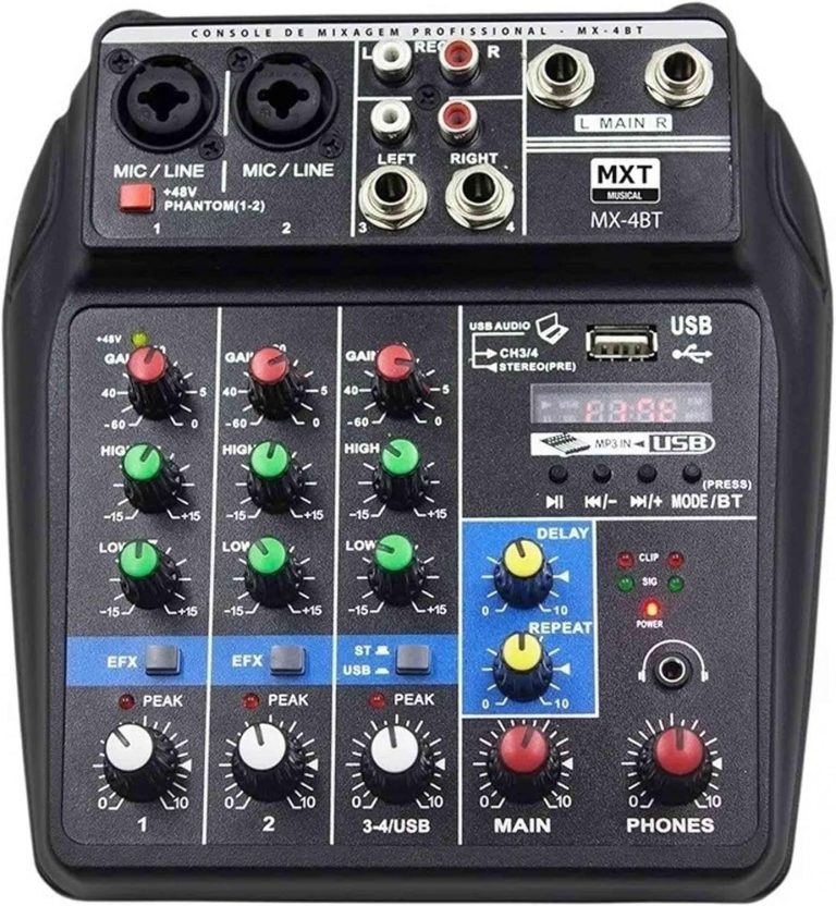Mesa de som profissional MXT MX-4BT com 4 canais, Bluetooth, phantom power, efeitos, USB e controles completos