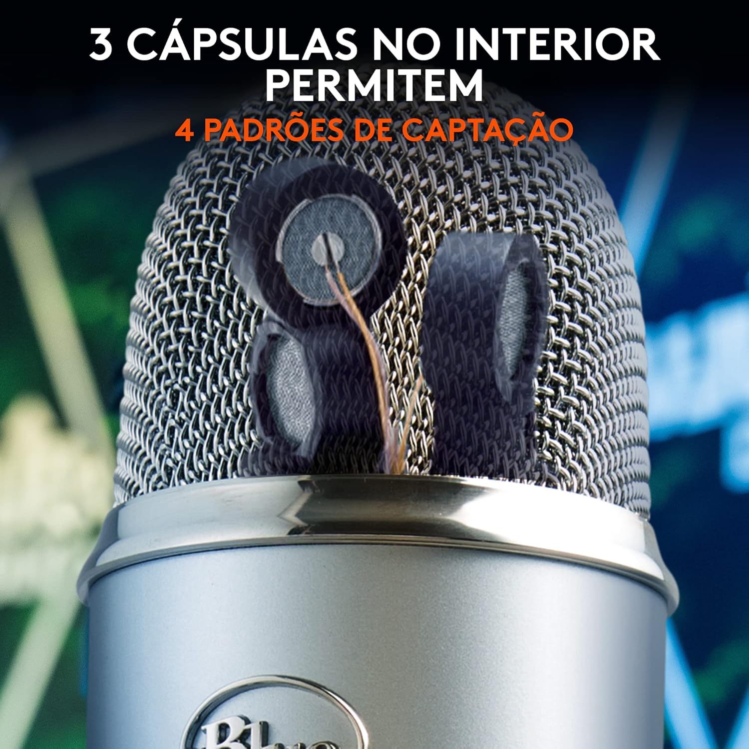 Detalhe interno do microfone Blue Yeti mostrando 3 cápsulas e 4 padrões de captação
