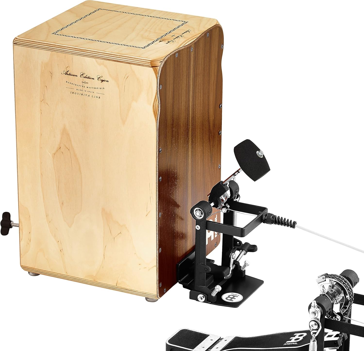 Cajon artesanal com pedal Meinl CPB1 com batente de espuma macia preta hexagonal e haste metálica