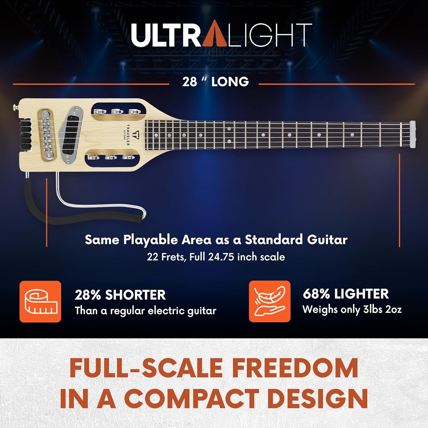 Guitarra elétrica ultra-leve Traveler Guitar ULE MPS com dimensões compactas e área tocável padrão