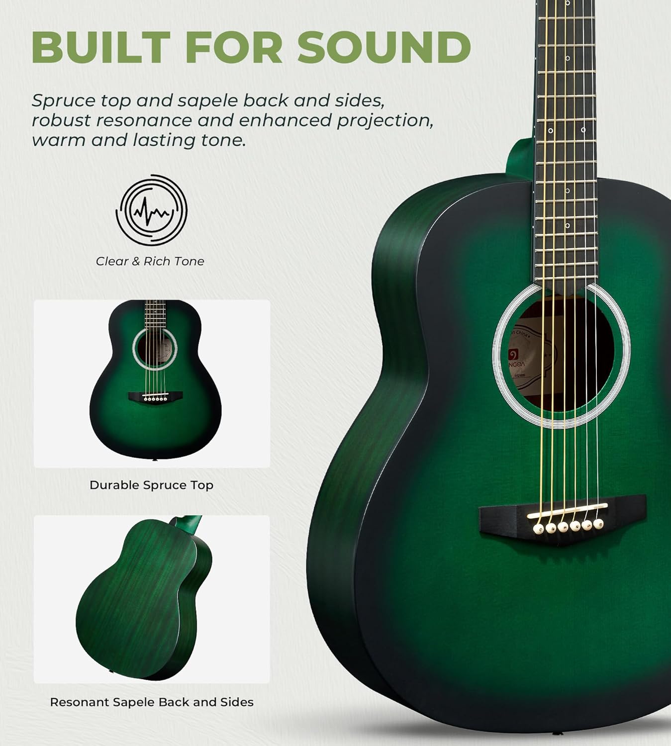 Violão acústico verde 3/4 Vangoa com tampo de abeto e laterais em sapele ressonante para som claro e rico