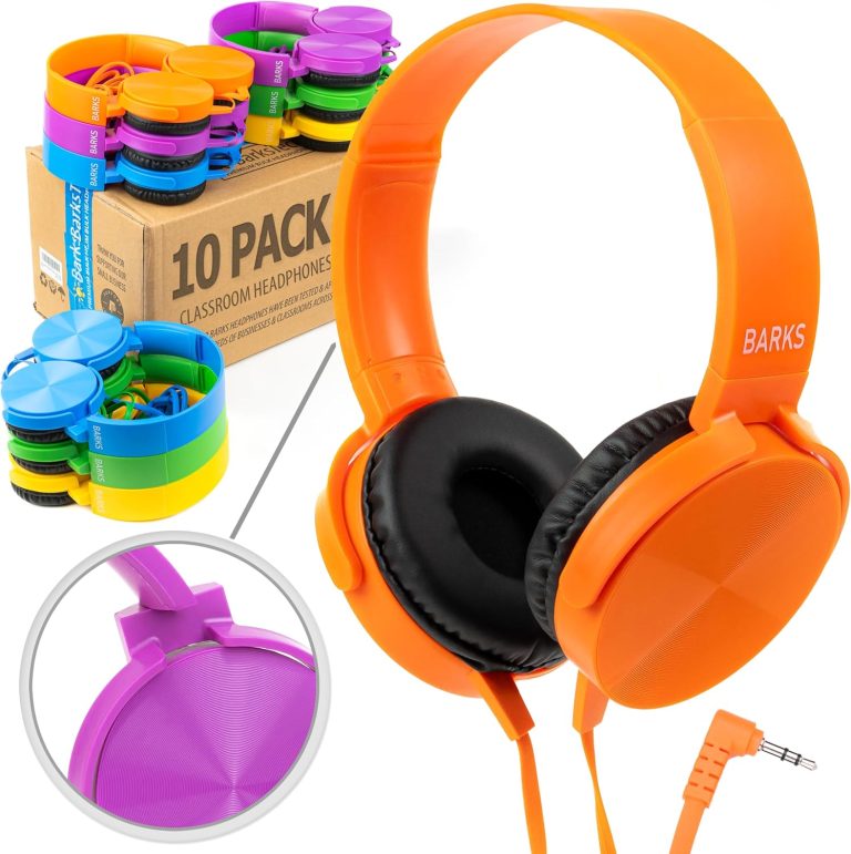 Fones de ouvido Barks coloridos para sala de aula, pacote com 10 unidades em cores variadas, incluindo laranja, azul, verde, roxo e amarelo.